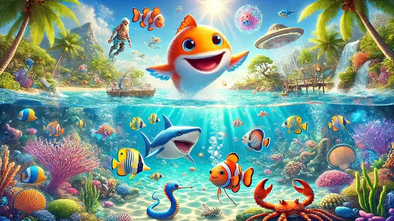 Arena bawah laut dengan ikan berwarna dan efek tembakan