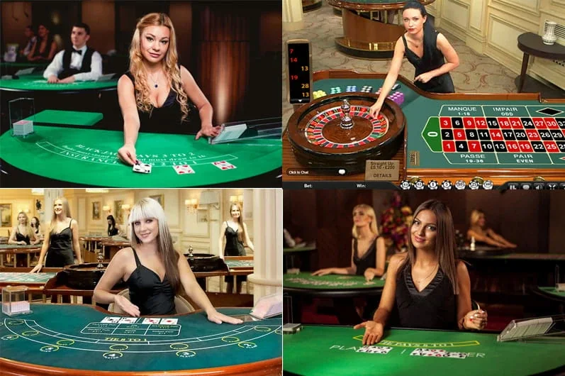Meja permainan kasino dengan kartu dan dealer live